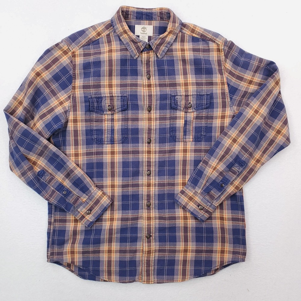 Timberland Flannel Shirt Mens Medium Blue Tan Plaid Button Up Tartan Outdoor